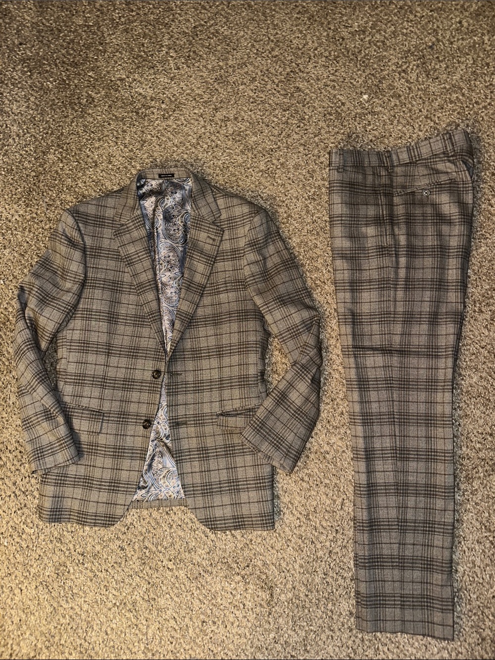 Men's Gray Plaid Two-Piece Suit - Classic Check Blazer & Trousers - 38s - 30x30